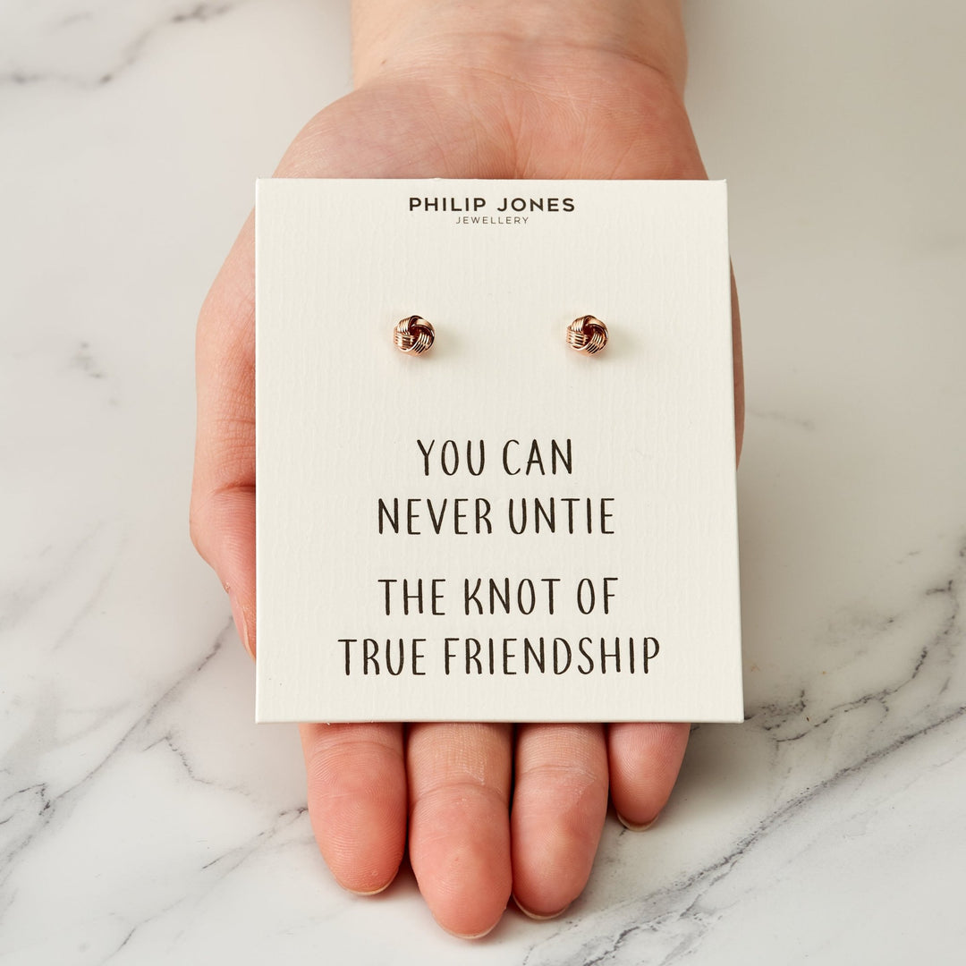 Rose Gold Plated Love Knot Earrings with Quote Card - Philip Jones Jewellery