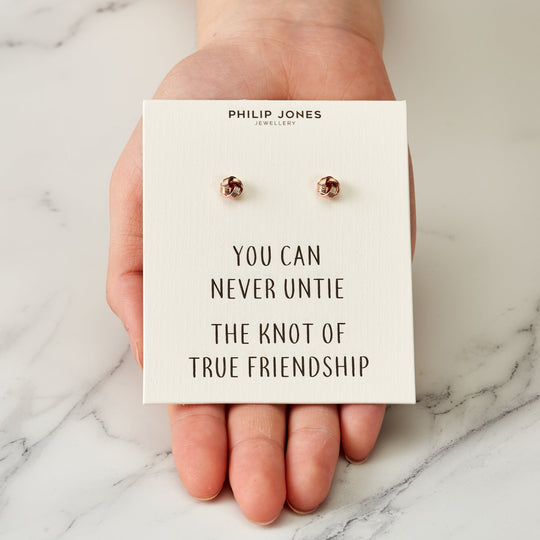 Rose Gold Plated Love Knot Earrings with Quote Card - Philip Jones Jewellery