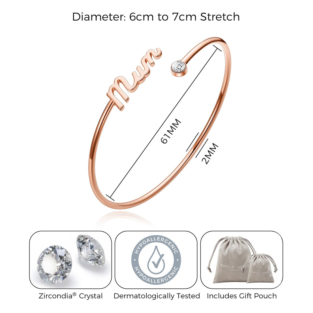 Rose Gold Plated Mum Cuff Bangle Created with Zircondia® Crystals - Philip Jones Jewellery