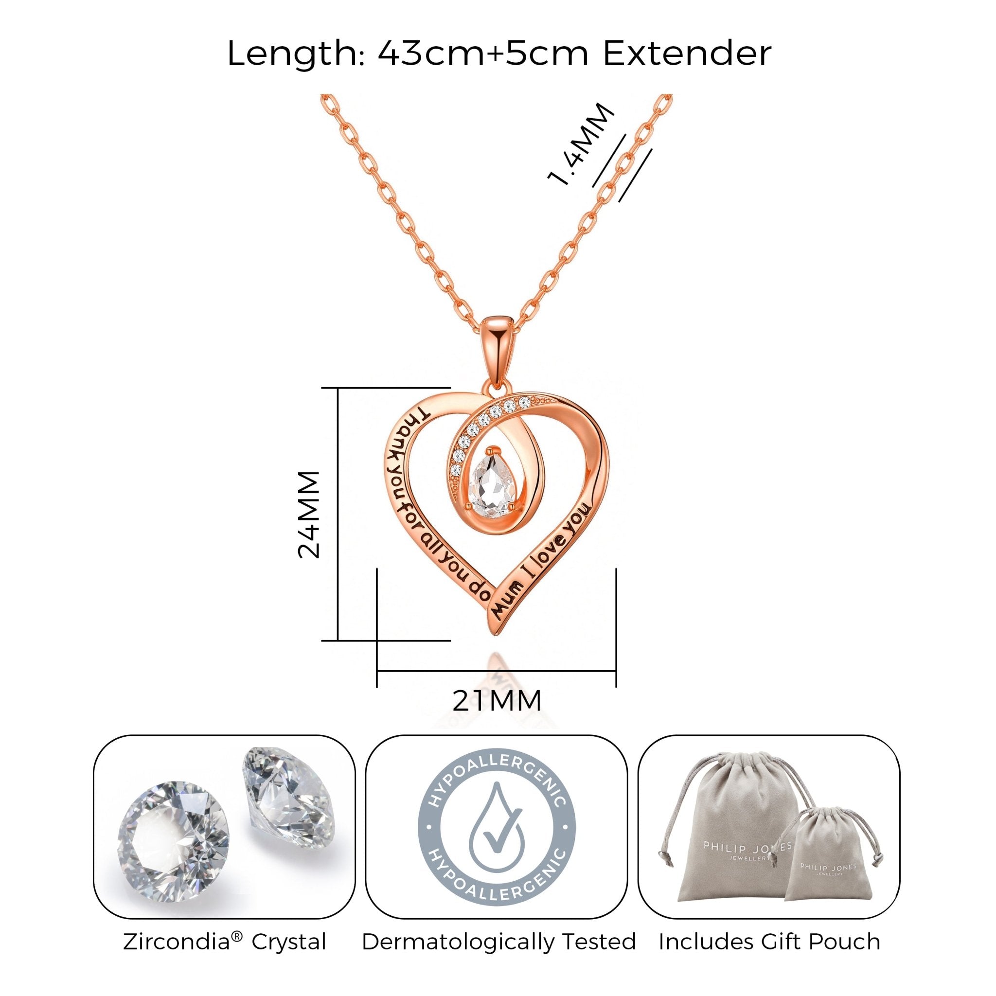 Rose Gold Plated Mum I Love You Quote Necklace Created with Zircondia® Crystals - Philip Jones Jewellery