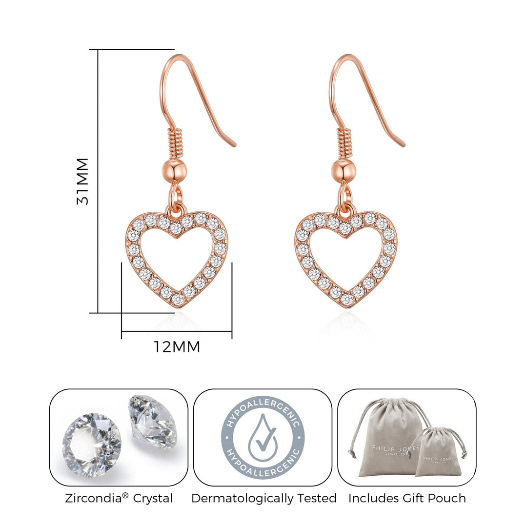 Rose Gold Plated Open Heart Drop Earrings Created with Zircondia® Crystals - Philip Jones Jewellery