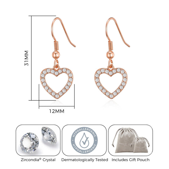 Rose Gold Plated Open Heart Drop Earrings Created with Zircondia® Crystals - Philip Jones Jewellery
