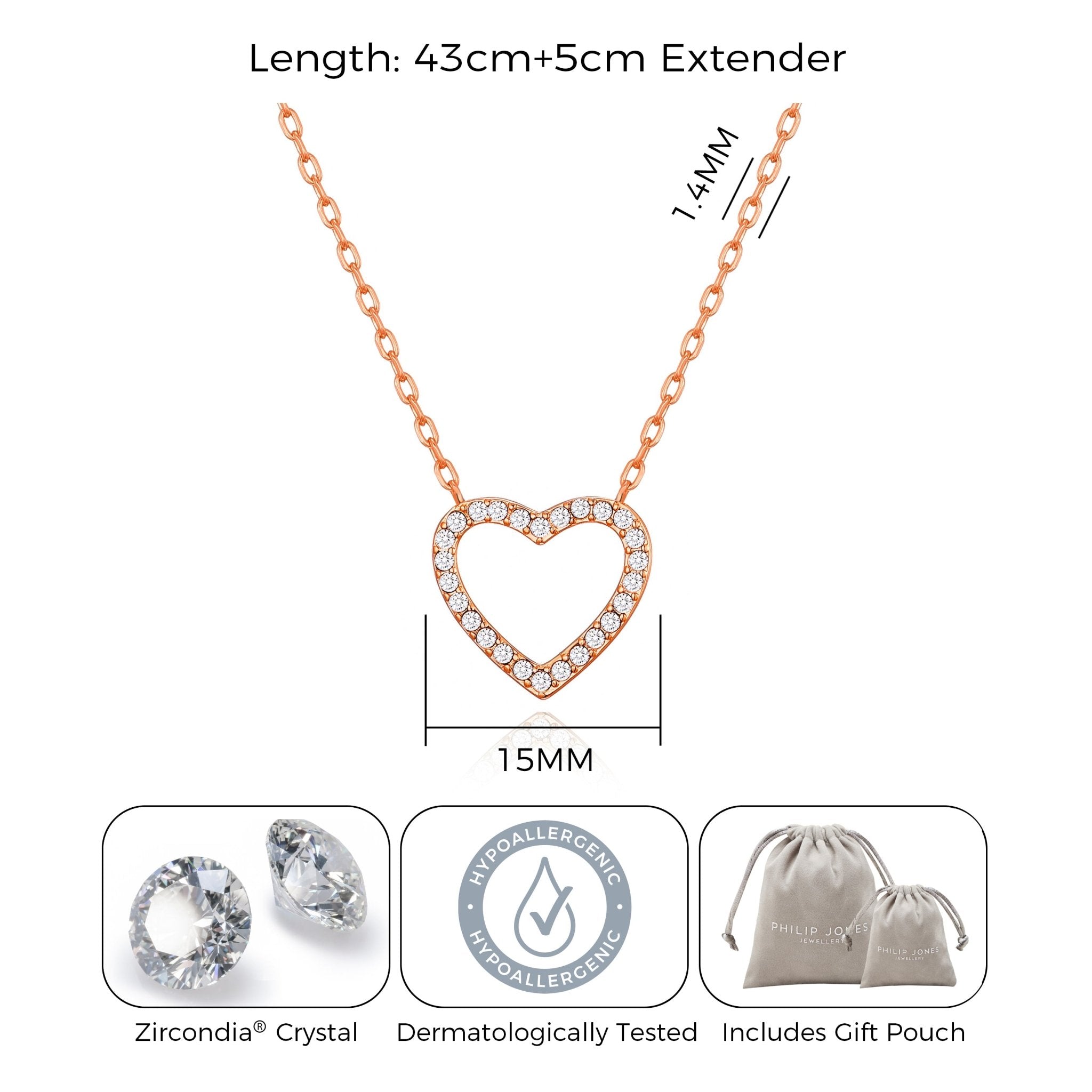 Rose Gold Plated Open Heart Necklace Created with Zircondia® Crystals - Philip Jones Jewellery