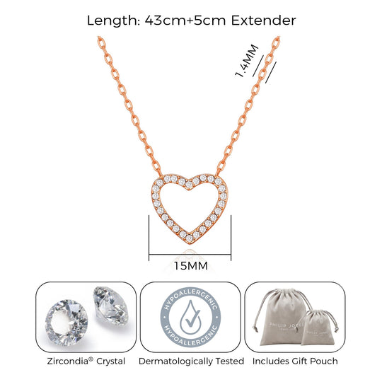 Rose Gold Plated Open Heart Necklace Created with Zircondia® Crystals - Philip Jones Jewellery