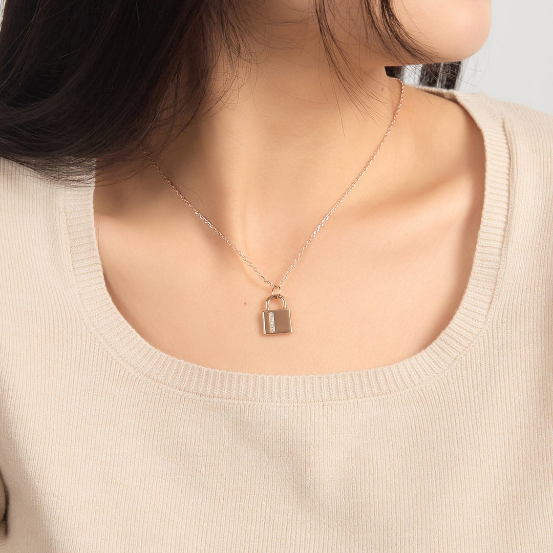 Rose Gold Plated Padlock Necklace Created with Zircondia® Crystals - Philip Jones Jewellery
