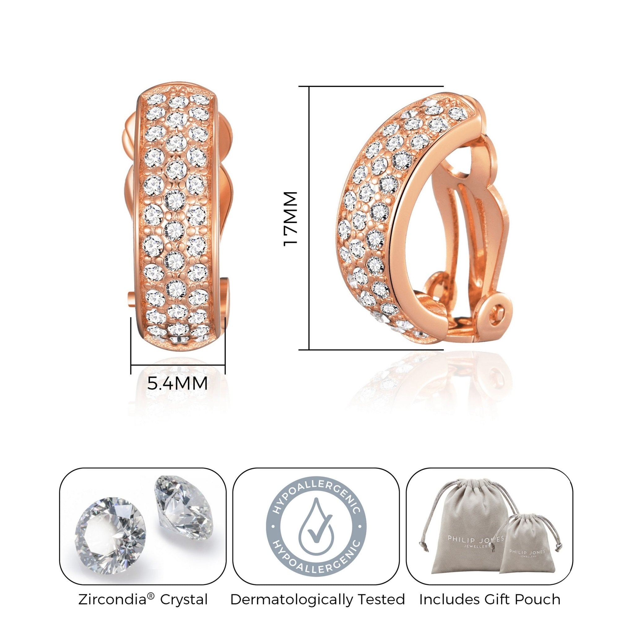 Rose Gold Plated Pave Clip On Earrings Created with Zircondia® Crystals - Philip Jones Jewellery