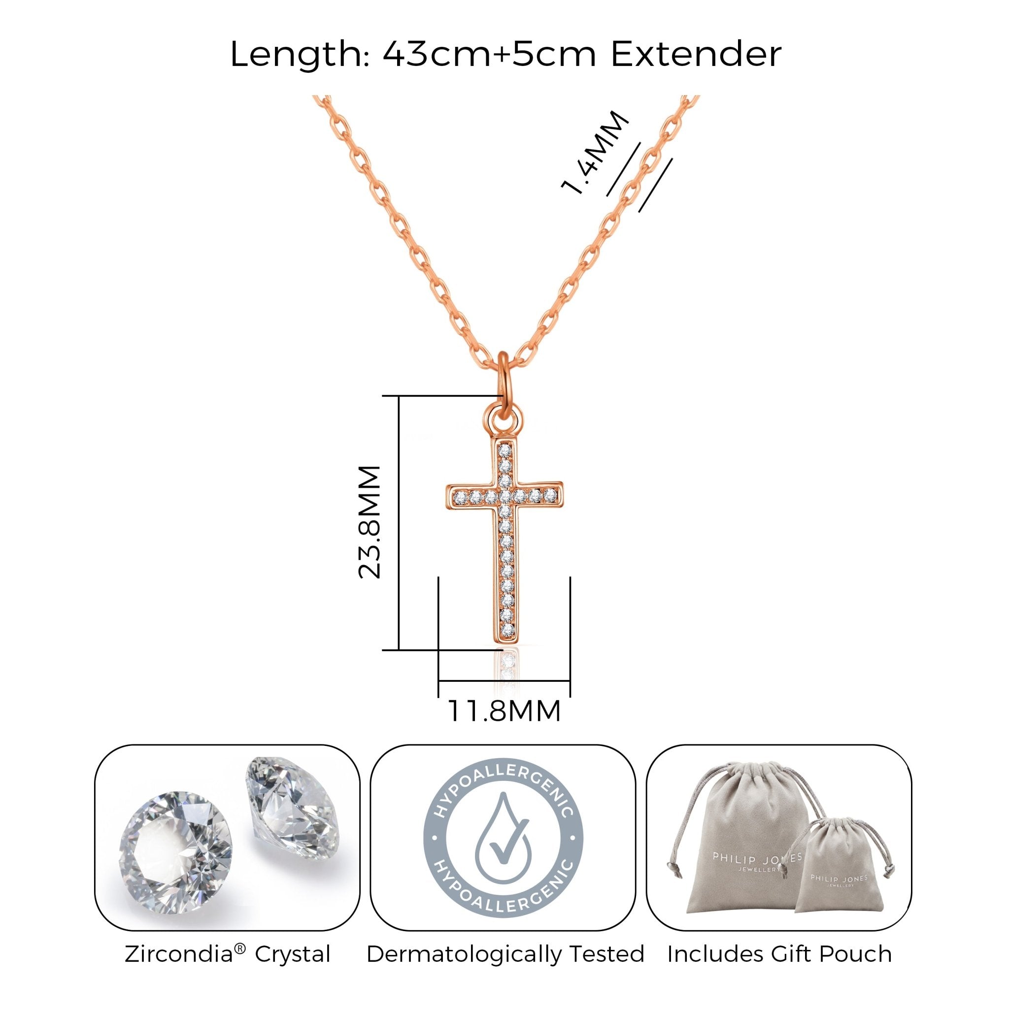 Rose Gold Plated Pave Crystal Cross Necklace Created with Zircondia® Crystals - Philip Jones Jewellery