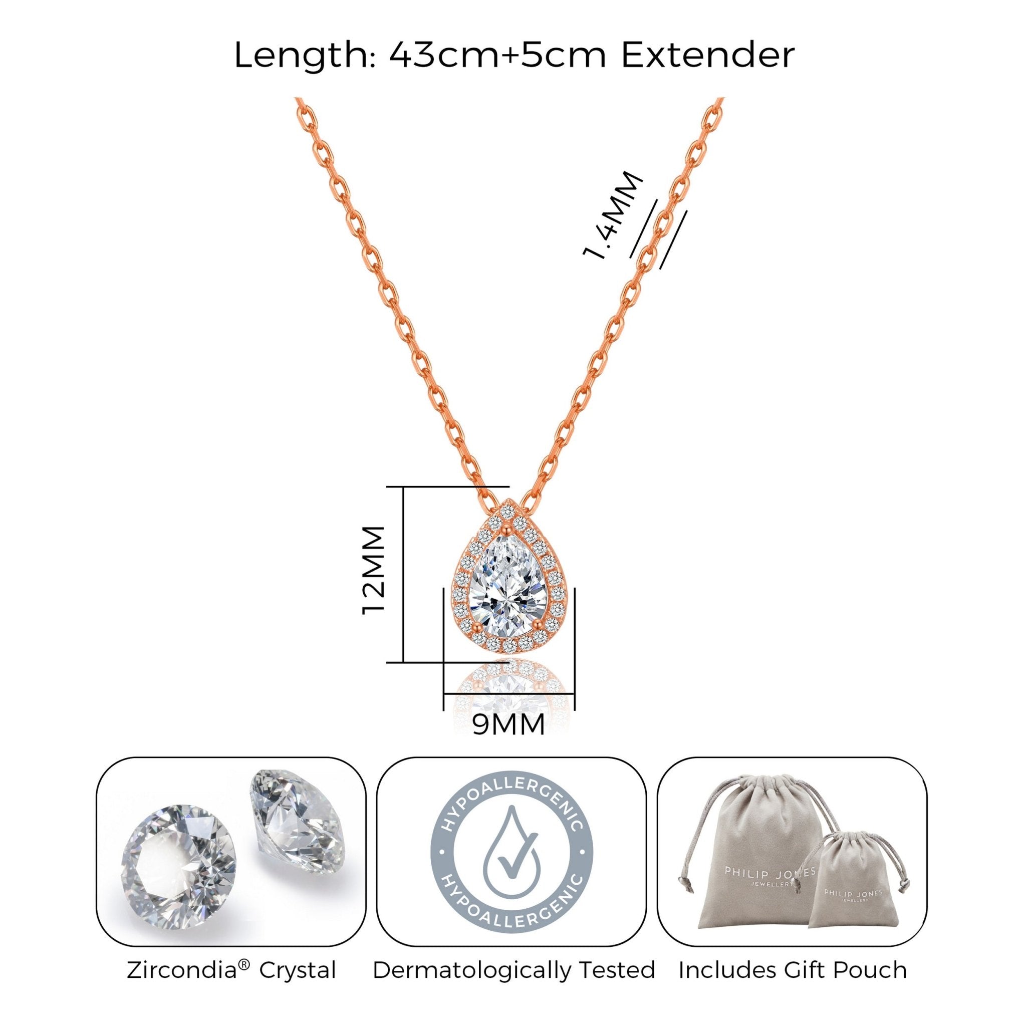 Rose Gold Plated Pear Halo Necklace Created with Zircondia® Crystals - Philip Jones Jewellery