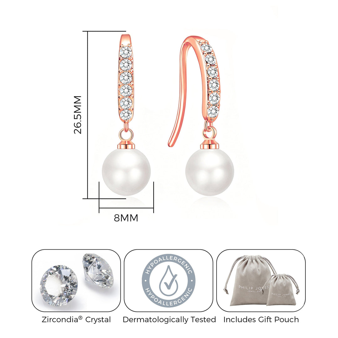 Rose Gold Plated Pearl Drop Bridal Earrings Created with Zircondia® Crystals - Philip Jones Jewellery