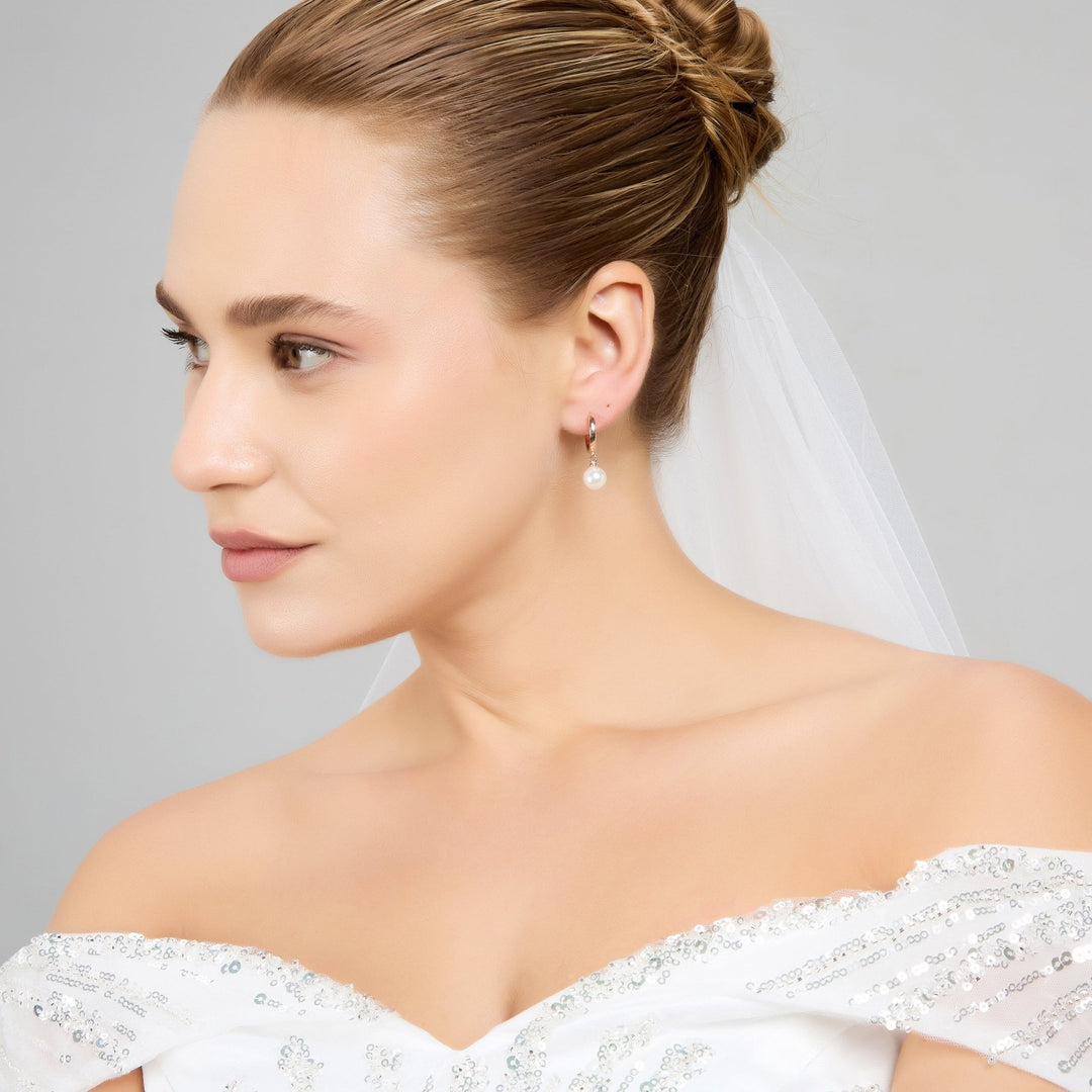 Rose Gold Plated Pearl Drop Bridal Hoop Earrings - Philip Jones Jewellery