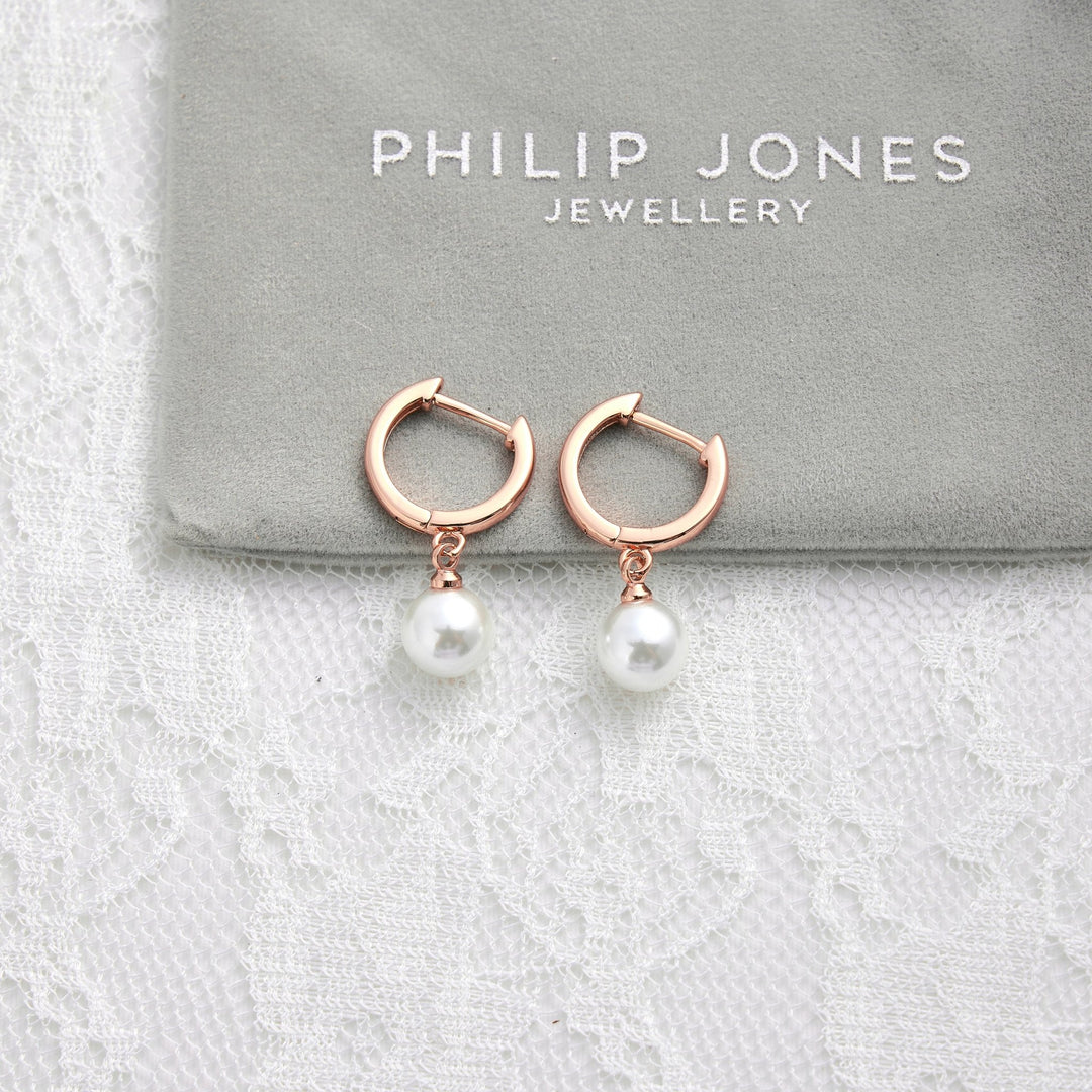 Rose Gold Plated Pearl Drop Bridal Hoop Earrings - Philip Jones Jewellery