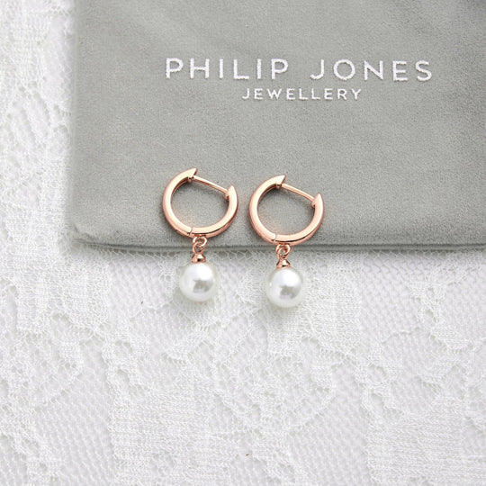 Rose Gold Plated Pearl Drop Bridal Hoop Earrings - Philip Jones Jewellery