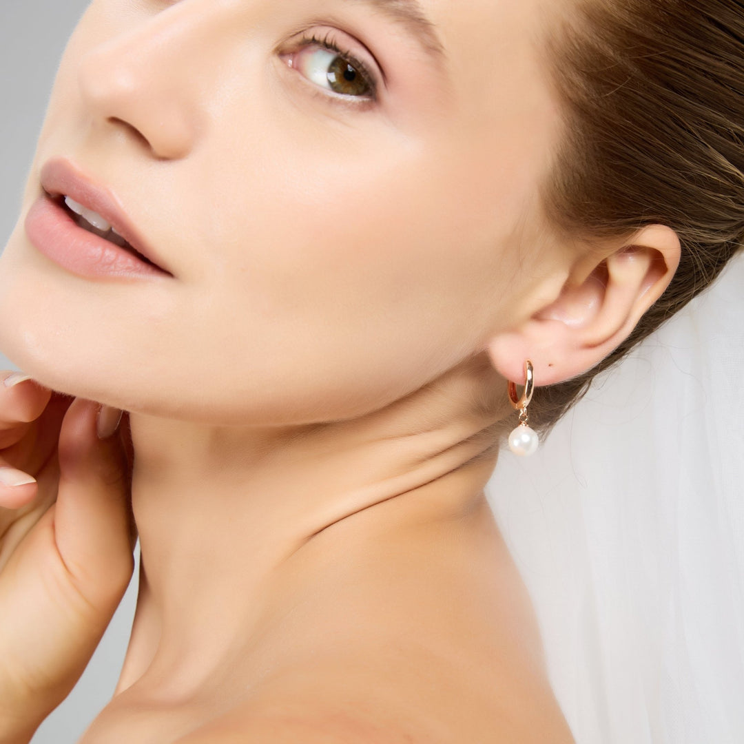 Rose Gold Plated Pearl Drop Bridal Hoop Earrings - Philip Jones Jewellery