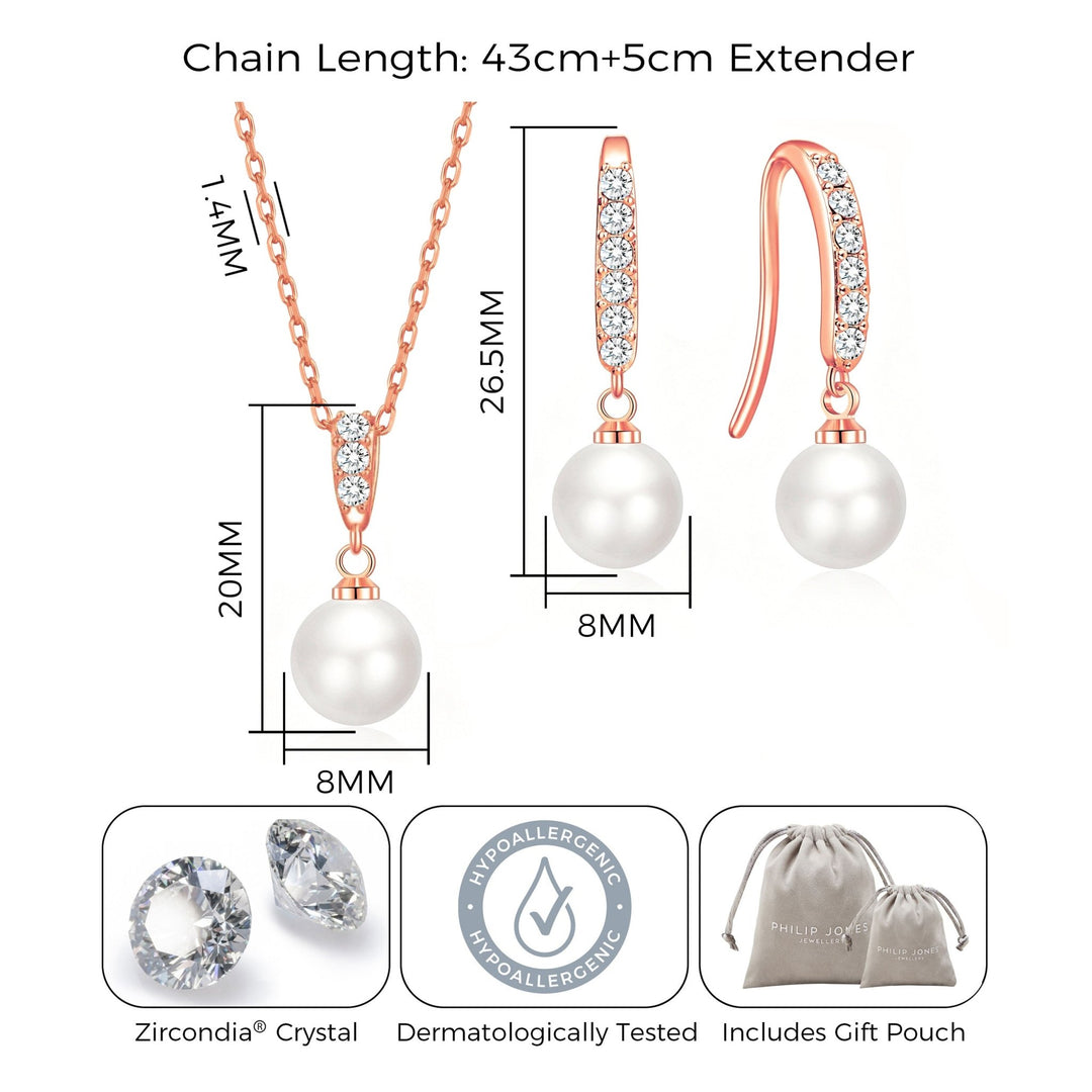 Rose Gold Plated Pearl Drop Bridal Set Created with Zircondia® Crystals - Philip Jones Jewellery