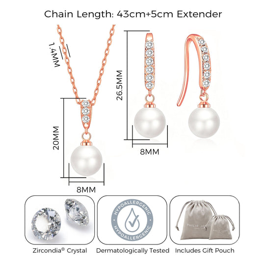 Rose Gold Plated Pearl Drop Bridal Set Created with Zircondia® Crystals - Philip Jones Jewellery