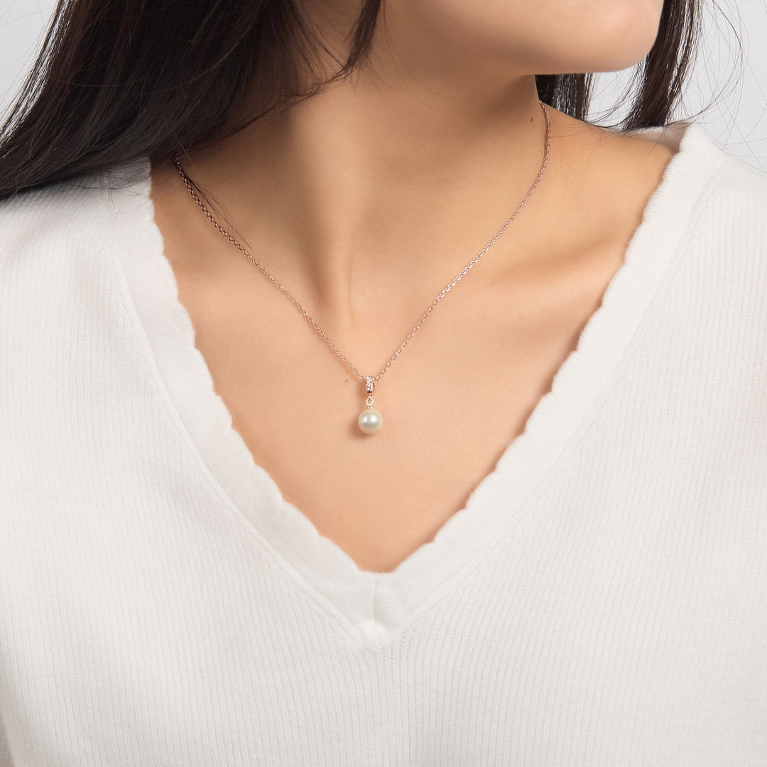Rose Gold Plated Pearl Drop Necklace Created with Zircondia® Crystals - Philip Jones Jewellery