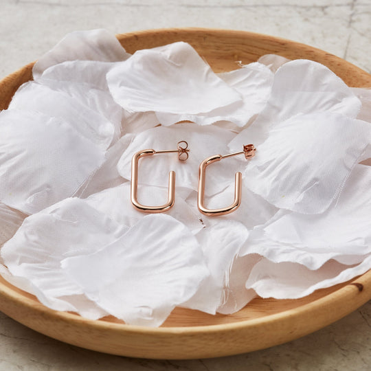 Rose Gold Plated Rectangle Hoop Earrings - Philip Jones Jewellery