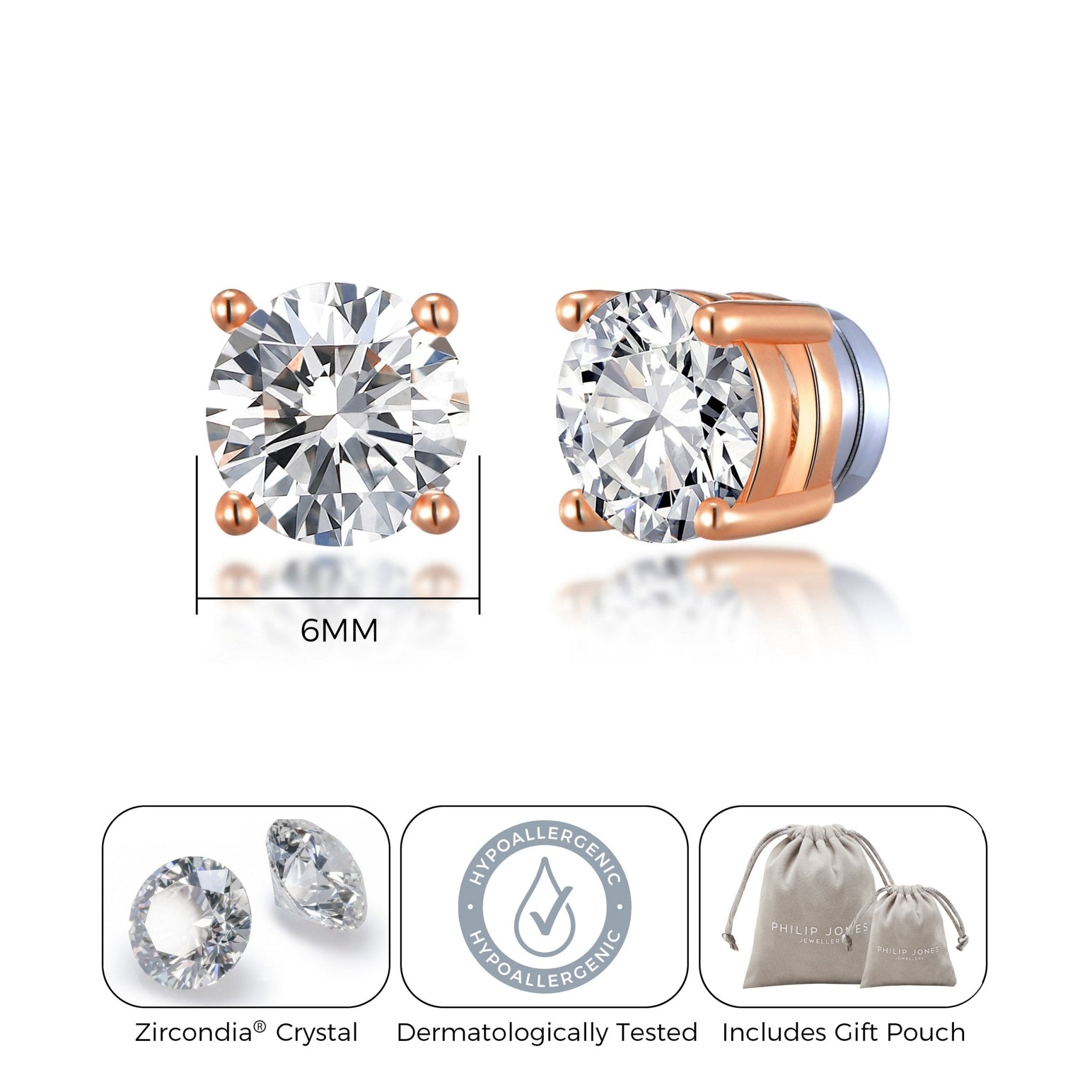 Rose Gold Plated Round Magnetic Clip On Stud Earrings Created with Zircondia® Crystals - Philip Jones Jewellery