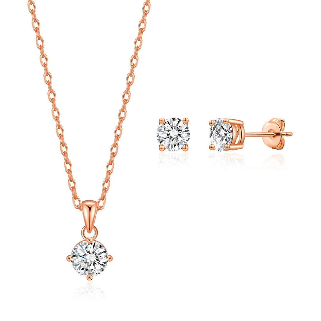 Rose Gold Plated Round Solitaire Set Created with Zircondia® Crystals - Philip Jones Jewellery