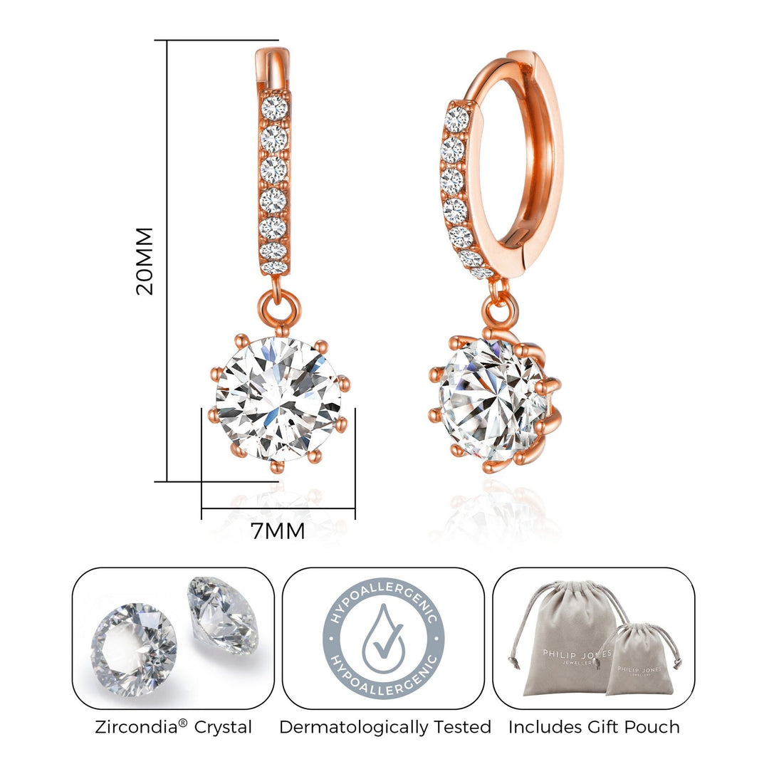 Rose Gold Plated Solitaire Drop Hoop Earrings Created with Zircondia® Crystals - Philip Jones Jewellery