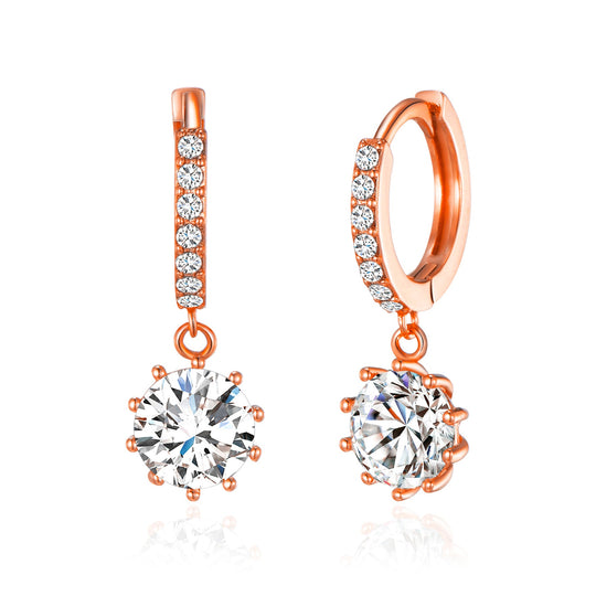 Rose Gold Plated Solitaire Drop Hoop Earrings Created with Zircondia® Crystals - Philip Jones Jewellery