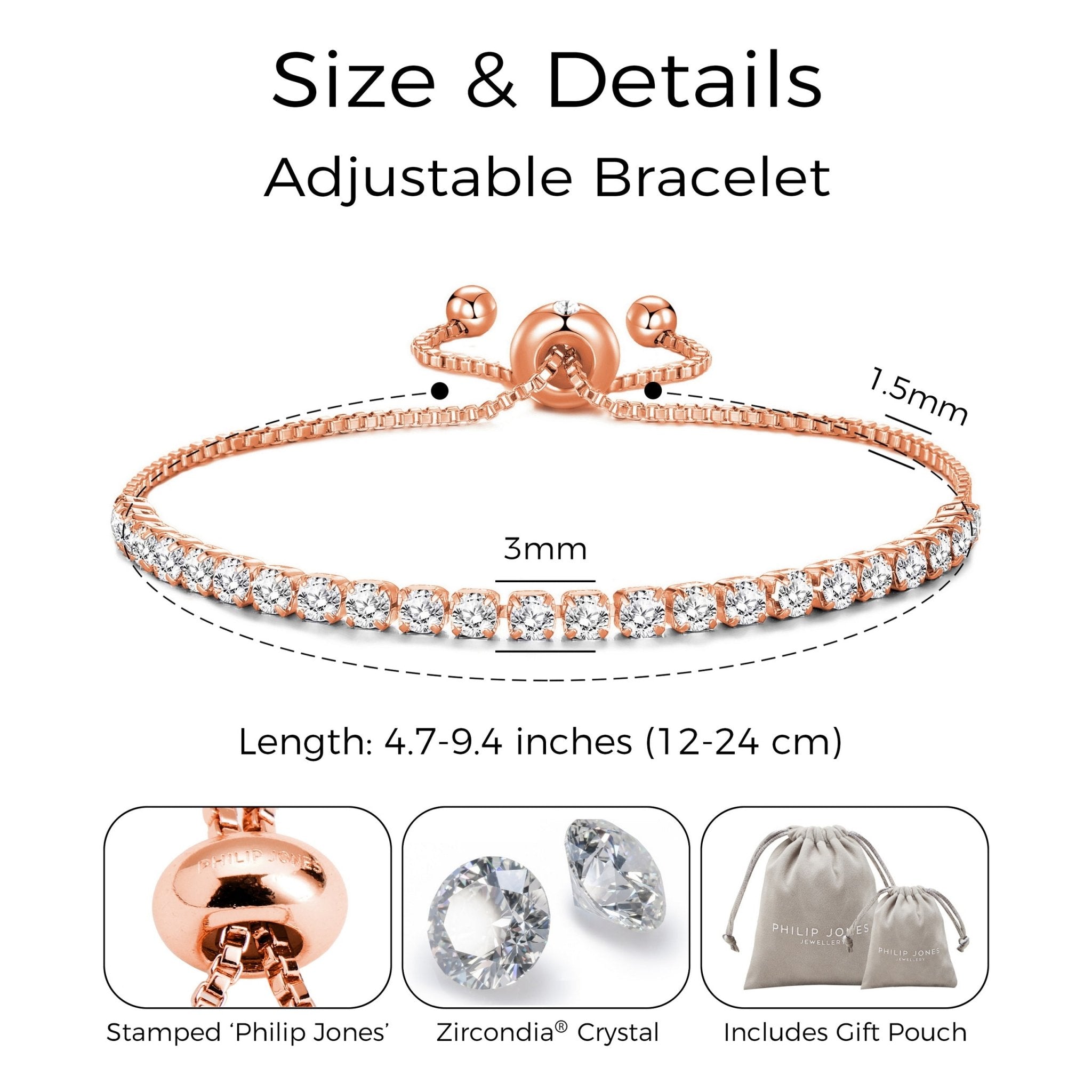 Rose Gold Plated Solitaire Friendship Bracelet Created with Zircondia® Crystals - Philip Jones Jewellery