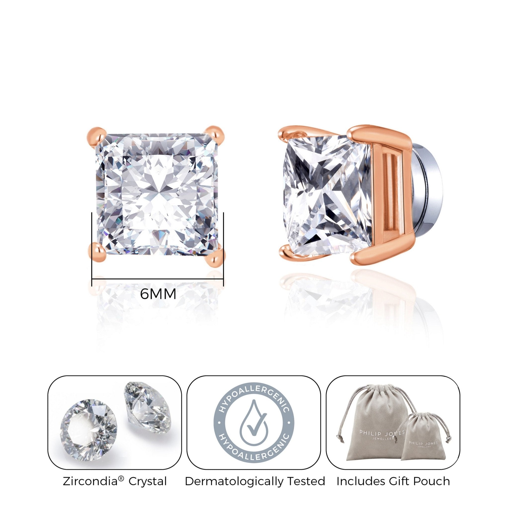 Rose Gold Plated Square Magnetic Clip On Stud Earrings Created with Zircondia® Crystals - Philip Jones Jewellery