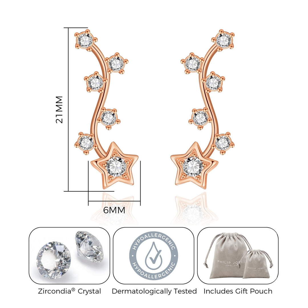 Rose Gold Plated Star Climber Earrings Created with Zircondia® Crystals - Philip Jones Jewellery