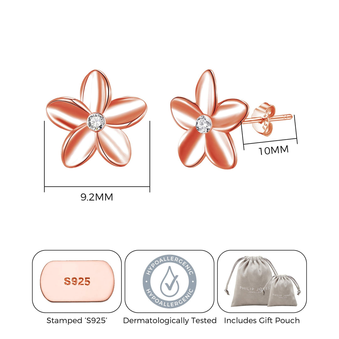 Rose Gold Plated Sterling Silver Flower Earrings Created with Zircondia® Crystals - Philip Jones Jewellery