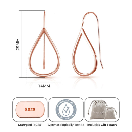 Rose Gold Plated Sterling Silver Open Teardrop Earrings - Philip Jones Jewellery