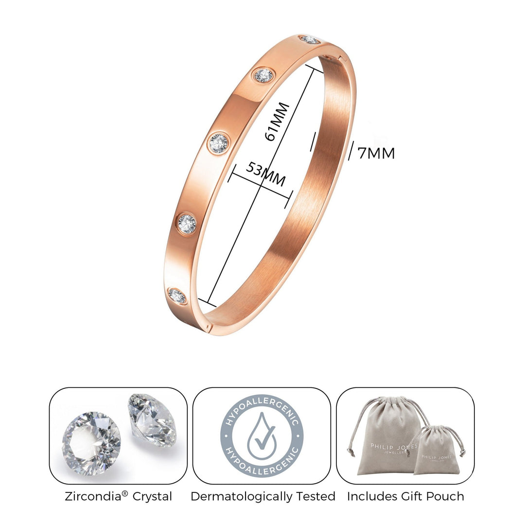 Rose Gold Plated Stud Bangle Created with Zircondia® Crystals (7 Inch) - Philip Jones Jewellery