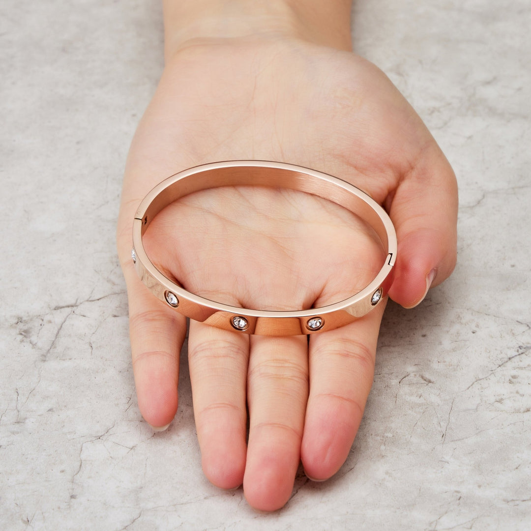 Rose Gold Plated Stud Bangle Created with Zircondia® Crystals (7 Inch) - Philip Jones Jewellery