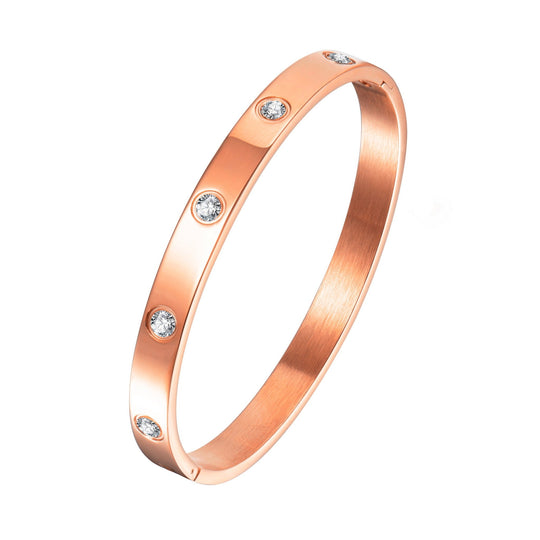 Rose Gold Plated Stud Bangle Created with Zircondia® Crystals (7 Inch) - Philip Jones Jewellery