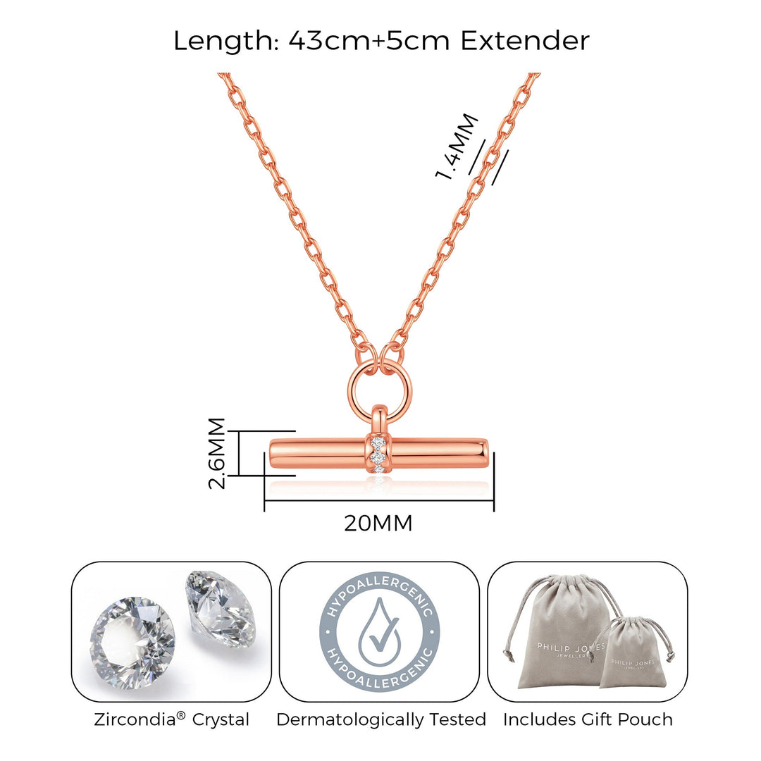 Rose Gold Plated T-Bar Necklace Created with Zircondia® Crystals - Philip Jones Jewellery