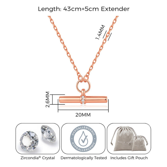 Rose Gold Plated T-Bar Necklace Created with Zircondia® Crystals - Philip Jones Jewellery