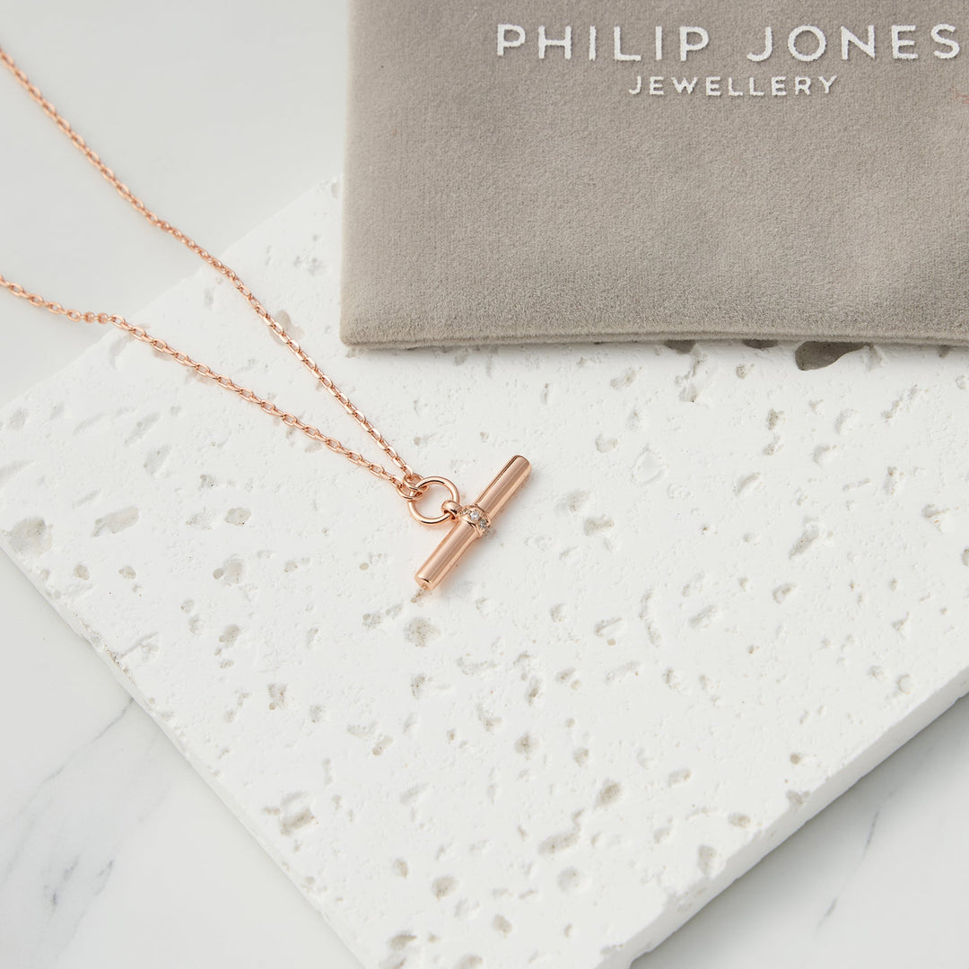Rose Gold Plated T-Bar Necklace Created with Zircondia® Crystals - Philip Jones Jewellery