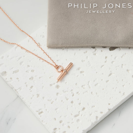 Rose Gold Plated T-Bar Necklace Created with Zircondia® Crystals - Philip Jones Jewellery