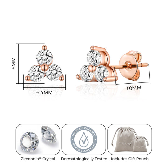 Rose Gold Plated Three Stone Earrings Created with Zircondia® Crystals - Philip Jones Jewellery