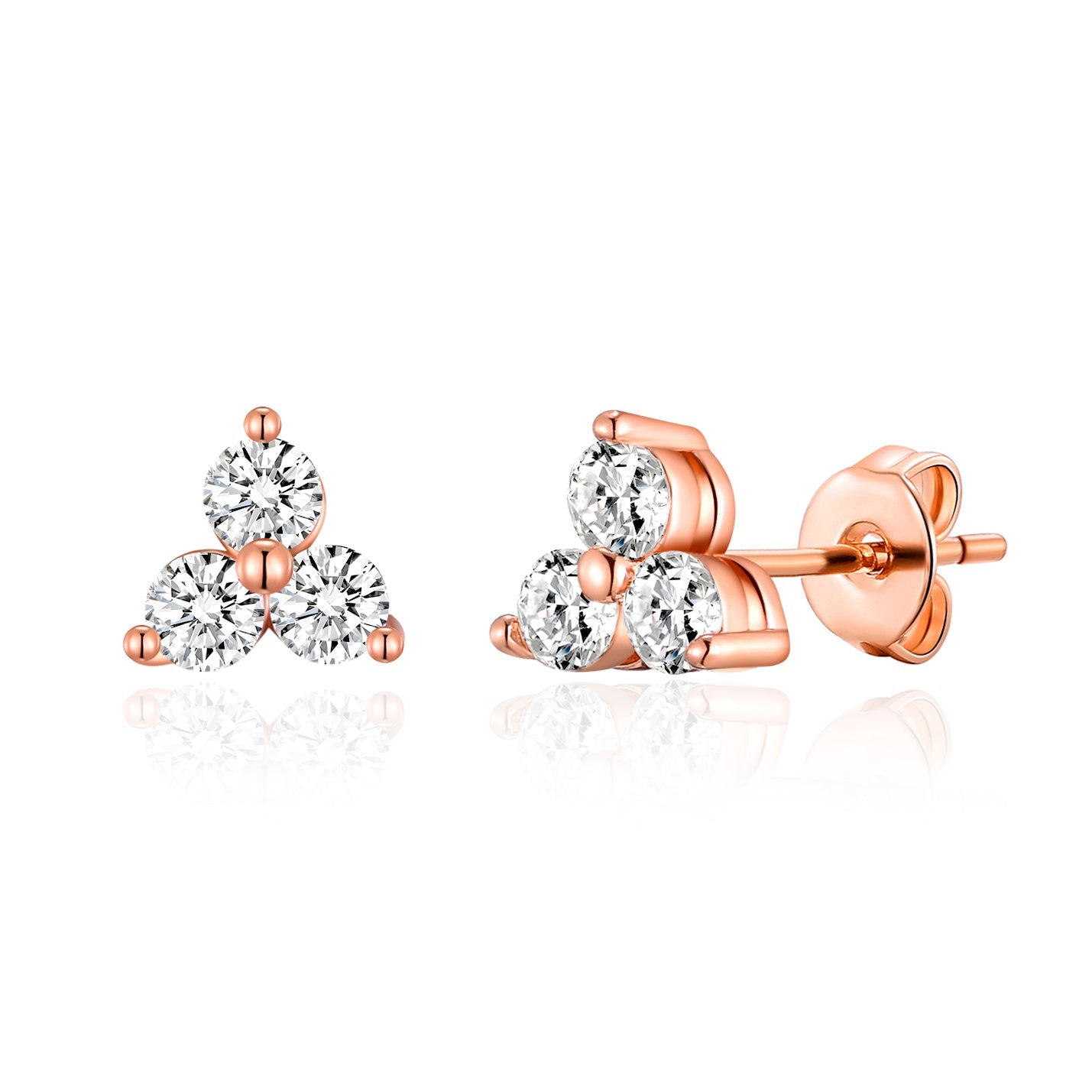 Rose Gold Plated Three Stone Earrings Created with Zircondia® Crystals - Philip Jones Jewellery