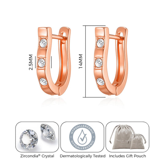 Rose Gold Plated Three Stone Hoop Earrings Created with Zircondia® Crystals - Philip Jones Jewellery