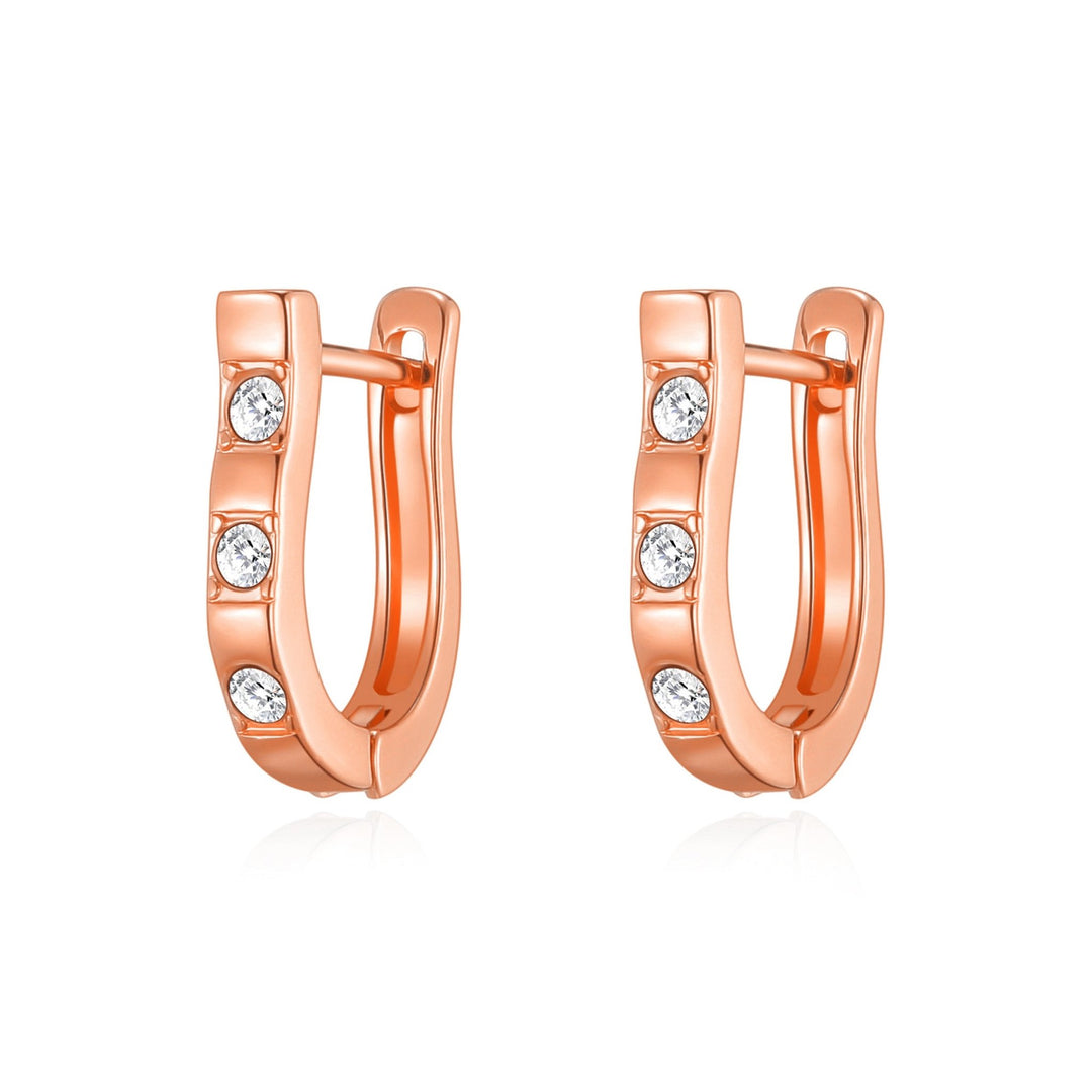 Rose Gold Plated Three Stone Hoop Earrings Created with Zircondia® Crystals - Philip Jones Jewellery