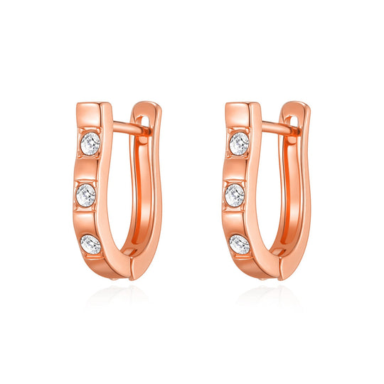 Rose Gold Plated Three Stone Hoop Earrings Created with Zircondia® Crystals - Philip Jones Jewellery