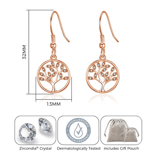 Rose Gold Plated Tree of Life Drop Earrings Created with Crystals from Zircondia® - Philip Jones Jewellery