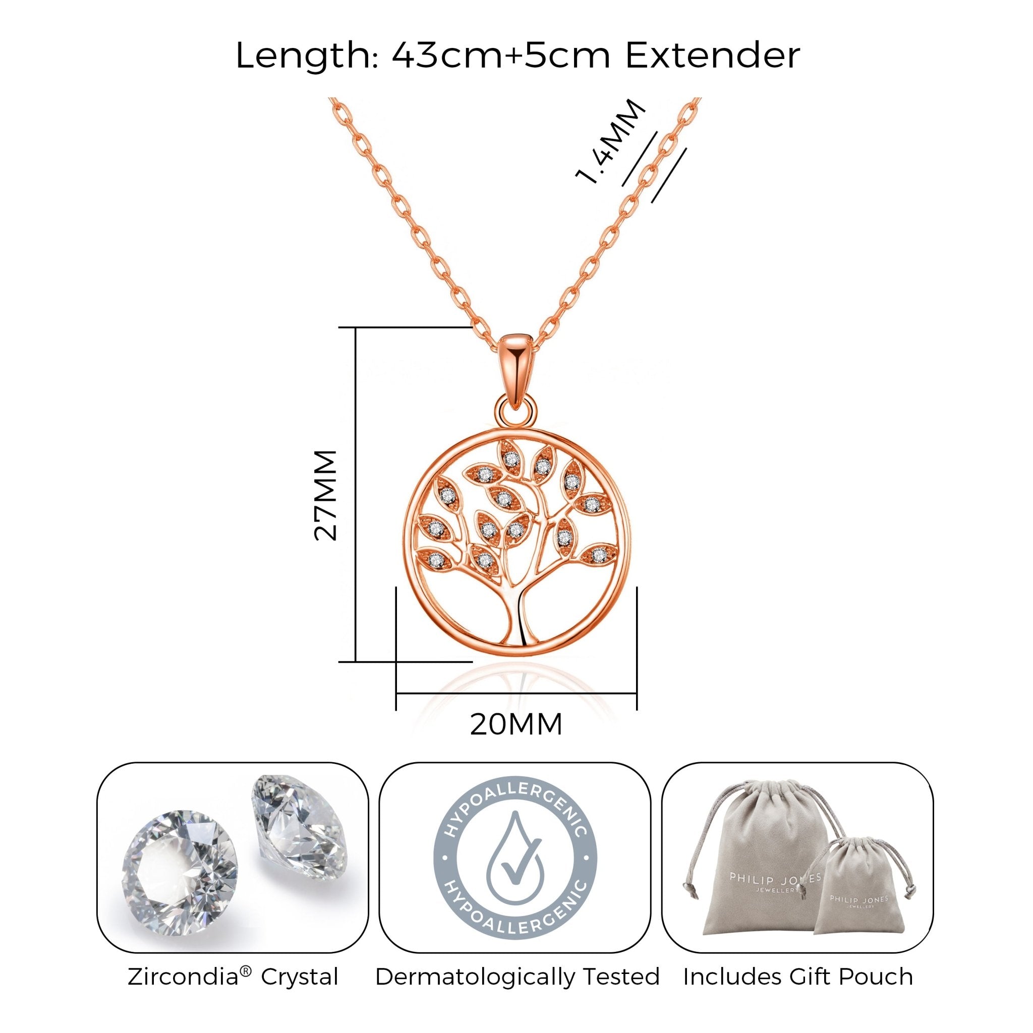 Rose Gold Plated Tree of Life Necklace Created with Zircondia® Crystals - Philip Jones Jewellery