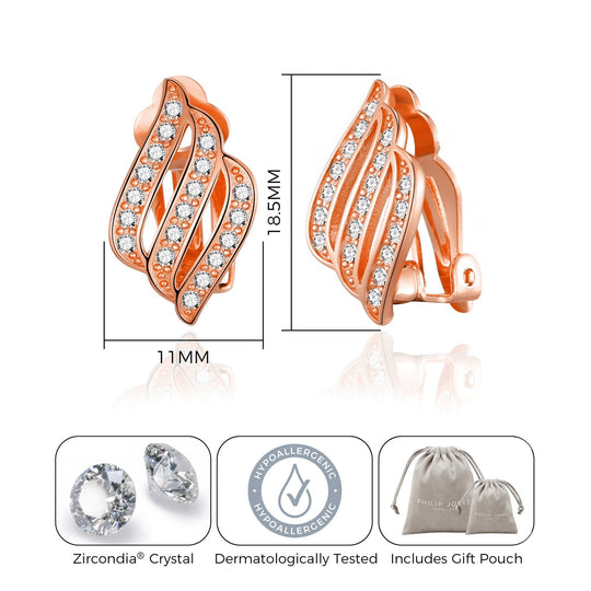 Rose Gold Plated Triple Row Clip On Earrings Created with Zircondia® Crystals - Philip Jones Jewellery