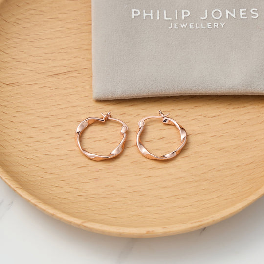 Rose Gold Plated Twist Hoop Earrings - Philip Jones Jewellery