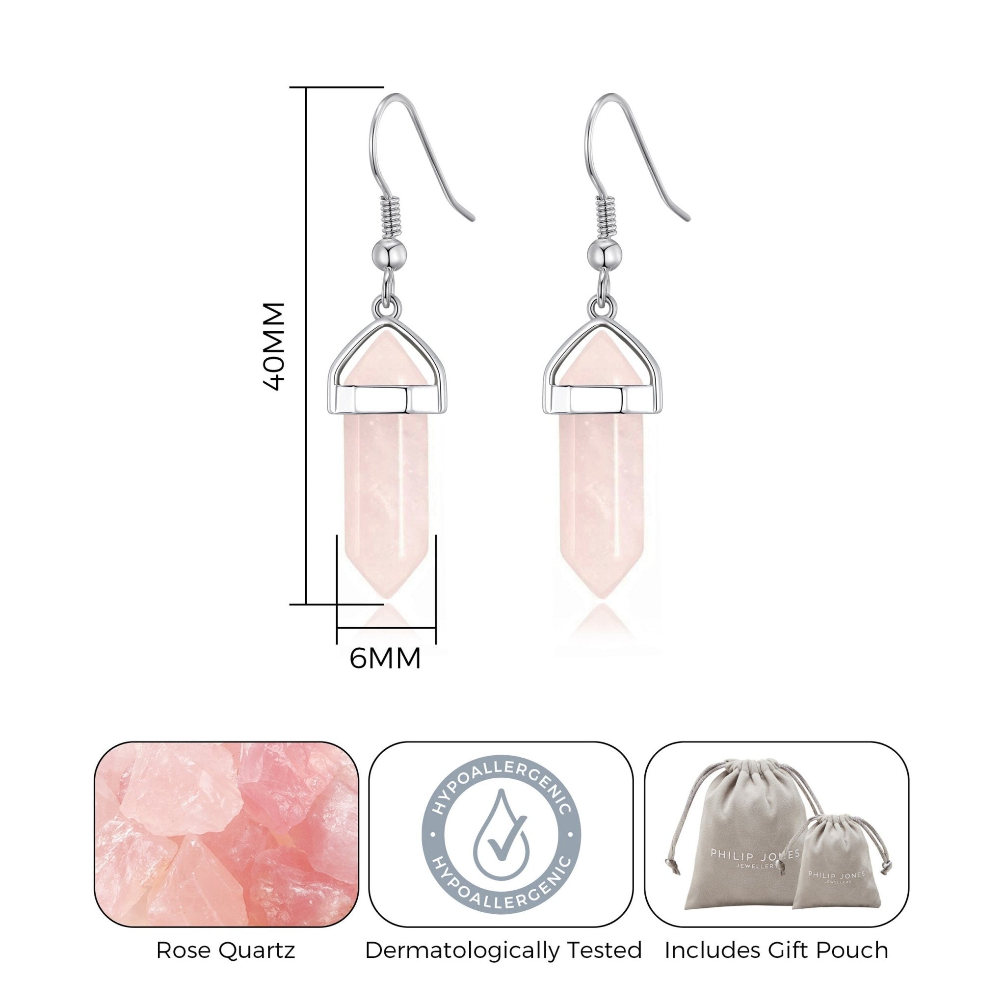 Rose Quartz Gemstone Drop Earrings - Philip Jones Jewellery