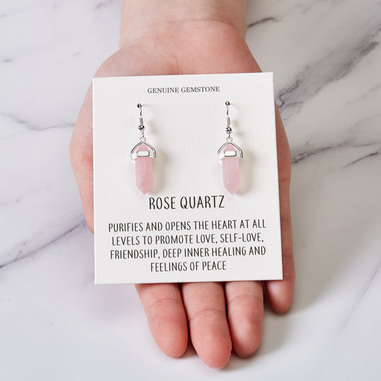 Rose Quartz Gemstone Drop Earrings with Quote Card - Philip Jones Jewellery