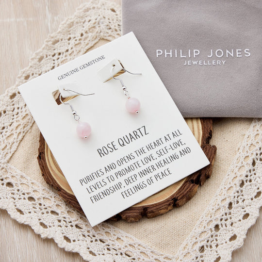 Rose Quartz Gemstone Round Drop Earrings with Quote Card - Philip Jones Jewellery