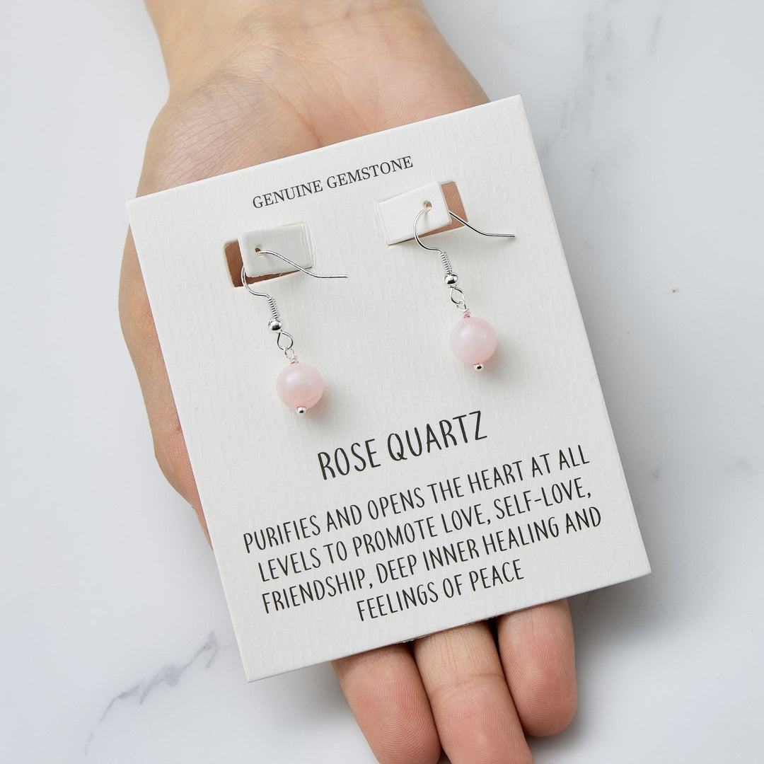 Rose Quartz Gemstone Round Drop Earrings with Quote Card - Philip Jones Jewellery